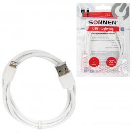 Кабель USB2.0-Lightning, 1 м, SONNEN, медь, для передачи данных и зарядки, белый, 513559