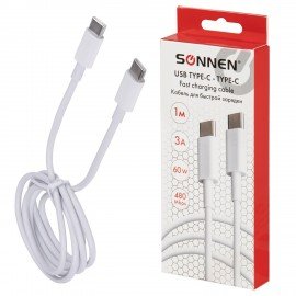 Кабель USB Type-C-Type-C с поддержкой быстрой зарядки, белый, 1 м, SONNEN, медный, 513613