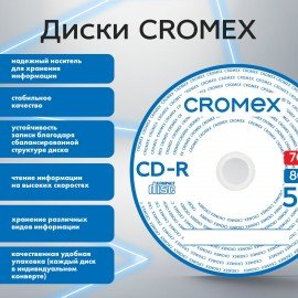 Диски CD-R в конверте КОМПЛЕКТ 50 шт., 700 Mb, 52x, CROMEX, 513797