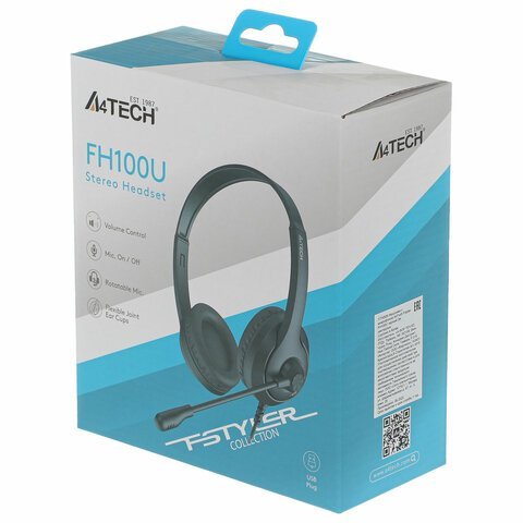 Наушники с микрофоном (гарнитура) A4TECH Fstyler FH100U, проводные, 2 м, USB, черные, 1774509