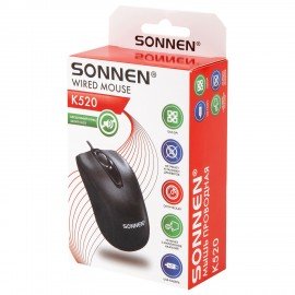 Мышь проводная БЕСШУМНАЯ USB, 1200 dpi, 2 кнопки + колесо-кнопка, SONNEN K520, черная, 513944