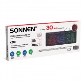 Клавиатура проводная USB, 104 клавиши, LED-подсветка, SONNEN K308, черная, 513947
