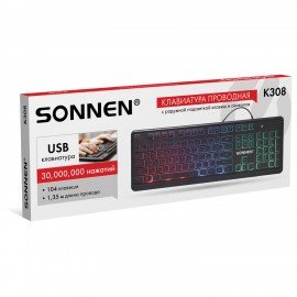 Клавиатура проводная USB, 104 клавиши, LED-подсветка, SONNEN K308, черная, 513947