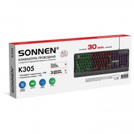 Клавиатура проводная USB, 104 клавиши, LED-подсветка, SONNEN K305, черная, 513948