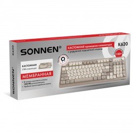 Клавиатура проводная USB, 102+98 клавиш, LED-подсветка, SONNEN K620, слоновая кость/серая, 513950