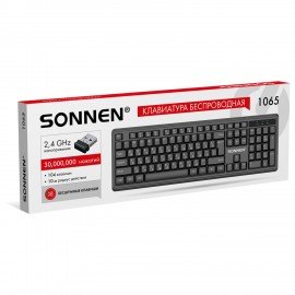 Клавиатура беспроводная бесшумная, USB, 104 клавиши, SONNEN 1065, черная, 513951