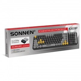 Клавиатура беспроводная USB, 105 клавиш, SONNEN K303BY, черная/серая/желтая, 513952