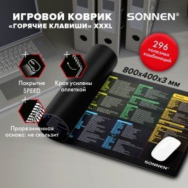 Коврик для мыши и клавиатуры с полезными комбинациями большой SONNEN "HOT KEYS", 800х400х3мм, 513961