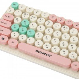 Клавиатура беспроводная USB, 105 клавиш, SONNEN K303PM, слоновая кость/розовый/мятный, 513977
