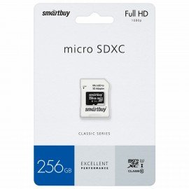 Карта памяти microSDXC 256 GB SMARTBUY, UHS-I, 90 Мб/сек (class 10), с адаптером, SB256GBSDCL10-01