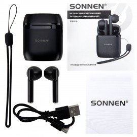 Наушники беспроводные TWS вкладыши с микрофоном, SONNEN EP-BH10B, bluetooth 5.3, черные, 514122