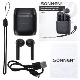 Наушники беспроводные TWS вкладыши с микрофоном, SONNEN EP-BH10B, bluetooth 5.3, черные, 514122