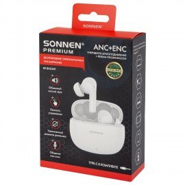 Наушники беспроводные TWS внутриканальные, гибридное шумоподавление ANC+ENC, SONNEN PREMIUM EP-BH34W, bluetooth 5.3, белые, 514124