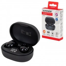 Наушники беспроводные TWS внутриканальные с микрофоном, SONNEN EP-BH25B, bluetooth 5.3, черные, 514125
