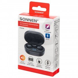 Наушники беспроводные TWS внутриканальные с микрофоном, SONNEN EP-BH25B, bluetooth 5.3, черные, 514125