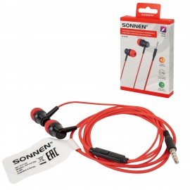 Наушники проводные внутриканальные с микрофоном SONNEN EP-H47RB, 1,1 м, красные/черные, 514129