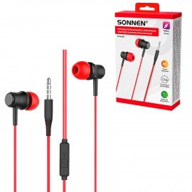 Наушники проводные внутриканальные с микрофоном SONNEN EP-H47RB, 1,1 м, красные/черные, 514129
