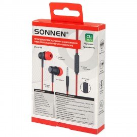 Наушники проводные внутриканальные с микрофоном SONNEN EP-H47RB, 1,1 м, красные/черные, 514129