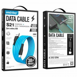 Кабель S21 USB -Type C, 1 м, 3 А, SMARTBUY, для зарядки и передачи данных, синий 9339, iK-3112-S21bb