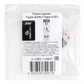 Переходник USB 3.1 AM/Type-C(F), CABLEXPERT 5Гбит/с, QC3.0, метал.корпус, Pro, черный, A-USB3.1-AMCF