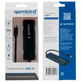 Хаб USB 3.1, 2xUSB, 2xType-C, с доп. пит. (Type-C), кабель Type-C 19 см, черный, GEMBIRD UHB-C425