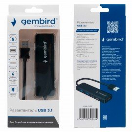 Хаб USB 3.1, 2хUSB, 2хType-C, с доп. пит. (Type-C), кабель USB 19 см, черный, GEMBIRD UHB-C415