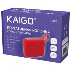 Колонка портативная KAIGO BS100, 5 Вт, Bluetooth, USB, Micro SD, TWS, FM, красная, 514220