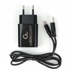 Зарядное устройство CABLEXPERT 12Вт, 2.4А, 2хUSB, кабель Type-C 1м, черный, коробка-блистер, MP3A-PC-37