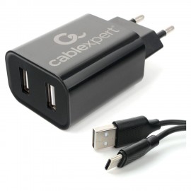 Зарядное устройство CABLEXPERT 12Вт, 2.4А, 2хUSB, кабель Type-C 1м, черный, коробка-блистер, MP3A-PC-37