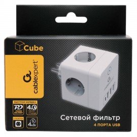 Сетевой фильтр CABLEXPERT Cube, 4 розетки, 16А, 1xType-C PD, 3хUSB, белый, CUBE-4-СU3-W