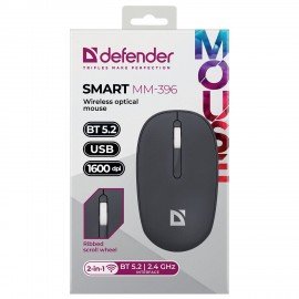 Мышь беспроводная DEFENDER Smart MM-396, 1600 dpi, 2кнопки+1колесо-кнопка, оптическая, черная, 52396