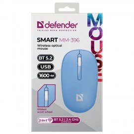 Мышь беспроводная DEFENDER Smart MM-396, 1600 dpi, 2кнопки+1колесо-кнопка, оптическая, синяя, 52397