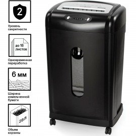 Уничтожитель (шредер) BRAUBERG S18-S, БЕСШУМНЫЙ, 2 уровень секретности, полоски 6 мм, 18 листов, корзина 28 литров, 530961