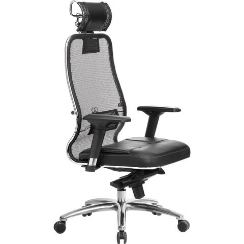 Кресло офисное МЕТТА "SAMURAI" SL-3.04, с подголовником, сверхпрочная ткань-сетка/экокожа, черное