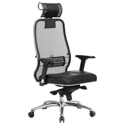 Кресло офисное МЕТТА "SAMURAI" SL-3.04, с подголовником, сверхпрочная ткань-сетка/экокожа, черное