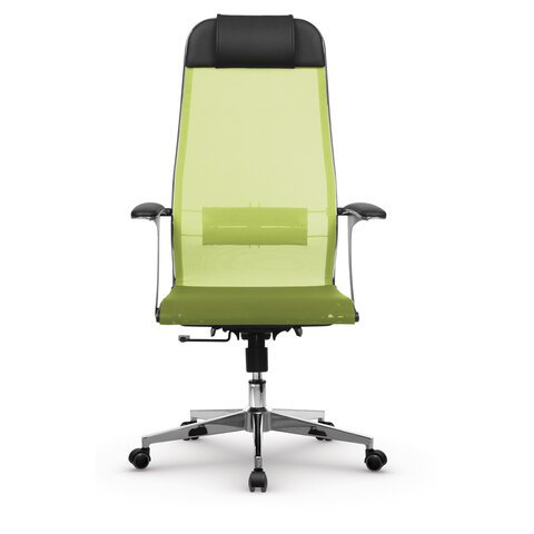 Кресло офисное МЕТТА "К-4-Т" хром, прочная сетка, сиденье и спинка регулируемые, светло-зеленое