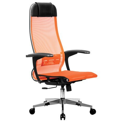 Кресло офисное МЕТТА "К-4-Т" хром, прочная сетка, сиденье и спинка регулируемые, оранжевое