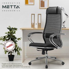 Кресло офисное МЕТТА "К-5.1" хром, ткань-сетка/экокожа, сиденье мягкое, черное