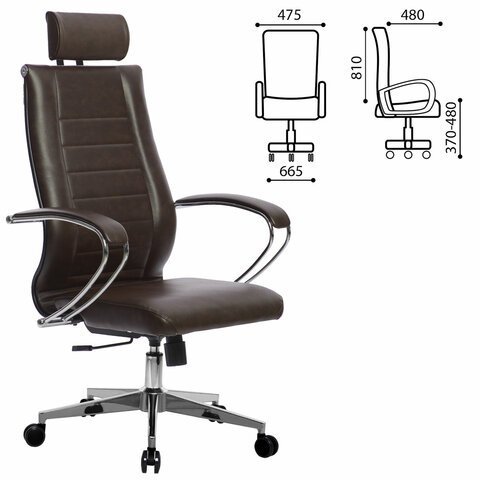 Кресло офисное МЕТТА "К-32" хром, экокожа, подголовник, сиденье и спинка мягкие, темно-коричневое