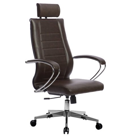 Кресло офисное МЕТТА "К-32" хром, экокожа, подголовник, сиденье и спинка мягкие, темно-коричневое