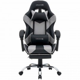 Кресло компьютерное CROMEX "Wave GM-145", вибромассаж, подножка, подушки, экокожа, черное/серое, 532956