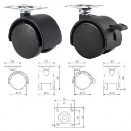 Колеса (ролики) для мебели, пластиковые d35мм, КОМПЛЕКТ 4шт, черные, в пакете, WBZ, 533090