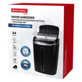 Уничтожитель (шредер) с автоподачей BRAUBERG AUTO OF-50X, CD, 4 уровень секретности, 4х35 мм, 50 листов, 17 литров, 533139