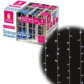 Электрогирлянда-занавес комнатная "Штора" 3х2 м, 144 LED, холодный белый свет, 220 V, ЗОЛОТАЯ СКАЗКА, 591351