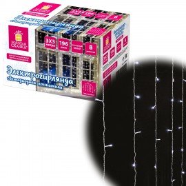 Электрогирлянда-занавес комнатная "Штора" 3х3 м, 196 LED, холодный белый свет, 220 V, ЗОЛОТАЯ СКАЗКА, 591353