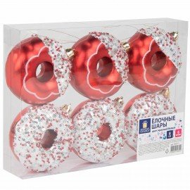 Украшение ёлочное 6 шт., 8 см, "Пончики", красный/белый, пластик, ЗОЛОТАЯ СКАЗКА, 592171