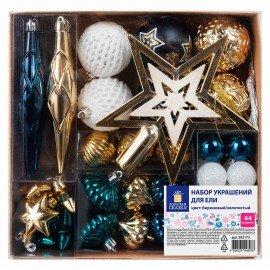 Шары ёлочные НАБОР 44 предмета, "Aurora", бирюзовый/золото, пластик, ЗОЛОТАЯ СКАЗКА, 592173