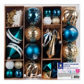 Шары ёлочные НАБОР 56 предметов, "Polar Light", бирюзовый/золото, пластик, ЗОЛОТАЯ СКАЗКА, 592175