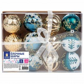 Шары ёлочные 12 шт., 6 см, "Frost Forest", пластик, бирюзовый/золото, ЗОЛОТАЯ СКАЗКА, 592176
