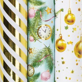 Бумага упаковочная новогодняя НАБОР 3 шт. "Golden XMAS", С ЭФФЕКТАМИ, 70х100 см, ЗОЛОТАЯ СКАЗКА, 592188